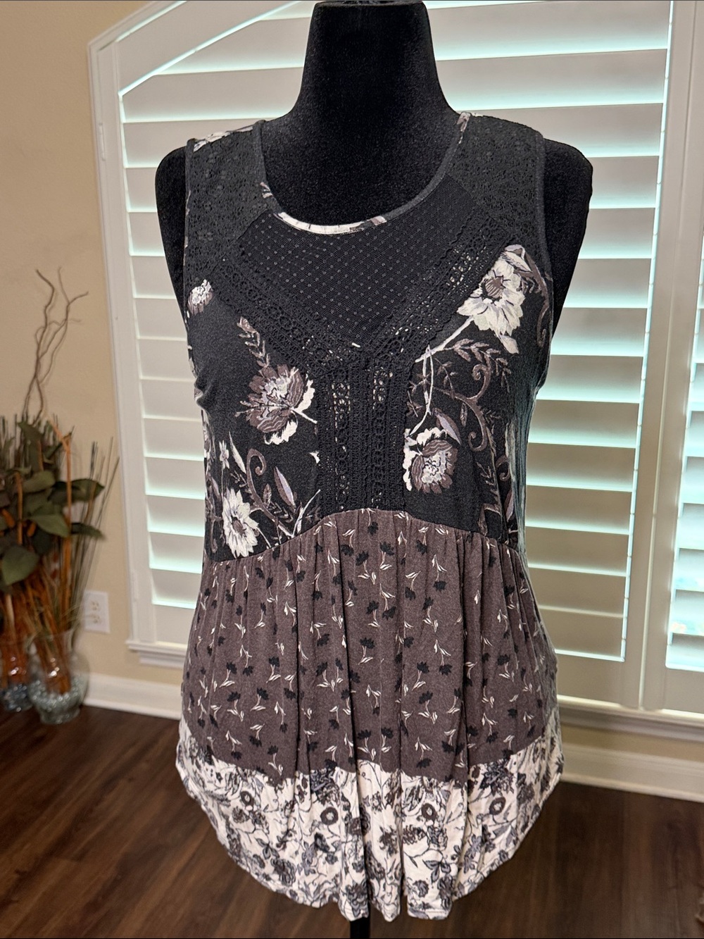 Expressions Black and Brown Floral Lace Yoke Tank
